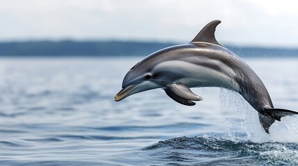 Energetic dolphin leaping gracefully above ocean waves against a serene coastal background : Generative AI
