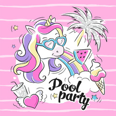 Pink summer print with Unicorn blue. print Gift Tag. Holidays. Banner. Party Pool. Fashionable illustration of driving in modern style for holiday cards. Beautiful unicorn