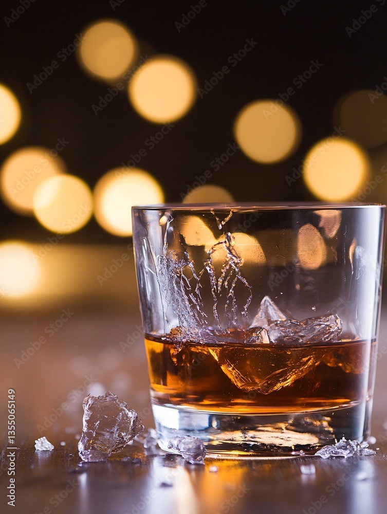 Poster Elegant glass of whiskey with ice shards capturing warm bokeh lights in the background : Generative AI