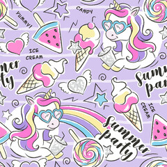 Summer pattern. Beautiful purple pool party unicorn pattern. Fashion illustration drawing in modern style