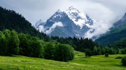 Majestic snow capped mountains surrounded by lush green forests under a cloudy sky creating a breathtaking view : Generative AI