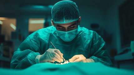 Focused surgeon performing delicate surgery in operating room care teal