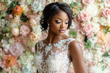 Elegant black woman in a wedding dress with flower background looks down gracefully