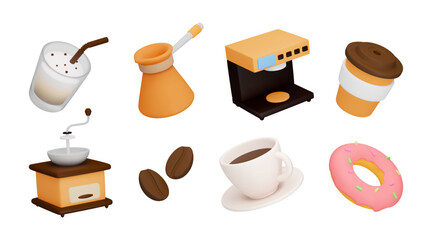 3d coffee. Cafe drink, food realistic characters as latte cup, Turk and machine for prepare beverage. Takeaway glass, breakfast donut. Espresso, cappuccino icons. Vector isolated render