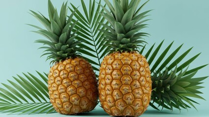 Two pineapples & palm leaves against blue background. Still life evokes freshness, health & tropical summer vibes. Minimalist composition is delicious & decorative.