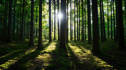 Fototapeta premium Enchanting Forest Scene with Sunlight Streaming Through Tall Trees Creating Dramatic Shadows on the Ground : Generative AI