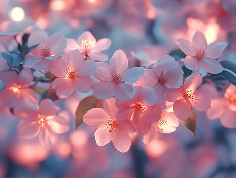 Pink blossoms glowing at dusk, spring garden background, website banner