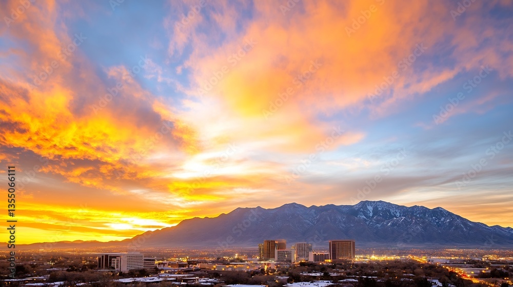 Poster stunning sunset view over mountains and cityscape with dramatic clouds and vibrant colors in the sky