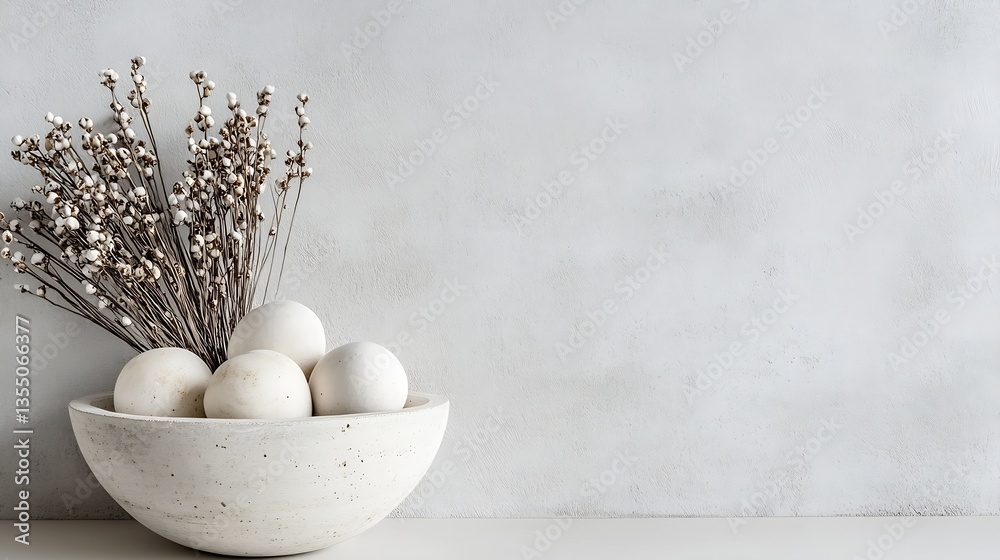 Aufkleber elegant arrangement of decorative eggs and dried flowers in a minimalist bowl against a soft texture