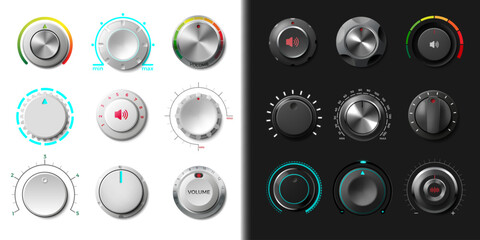 Radio dial. 3D knob buttons. Circle music switch. Round modern rotate control. Sound dashboard. Stereo recorder. Amplifier or mixer regulators. Audio panel tumblers. Vector isolated set