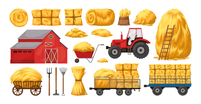 Hay bale. Straw, tractor and haystack farm, trolley with dry grass, countryside elements. Square fodder stack for agriculture. Golden wheat pile, livestock feed. Vector cartoon flat illustration