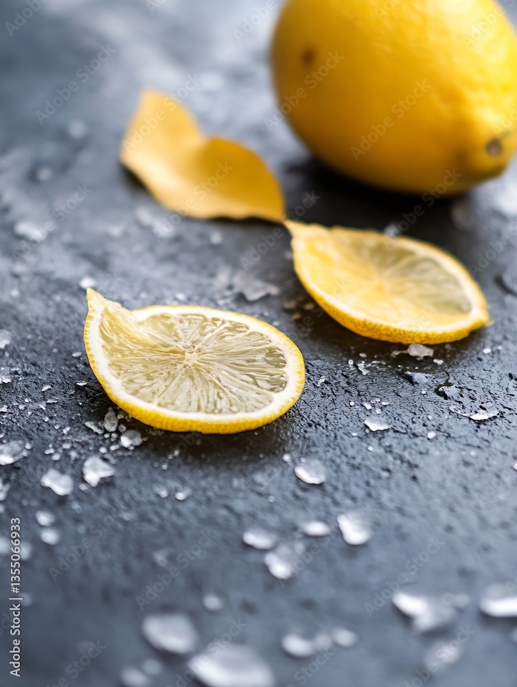 Leinwandbilder fresh lemon with sliced lemon pieces and salt on dark surface for culinary use : generative ai
