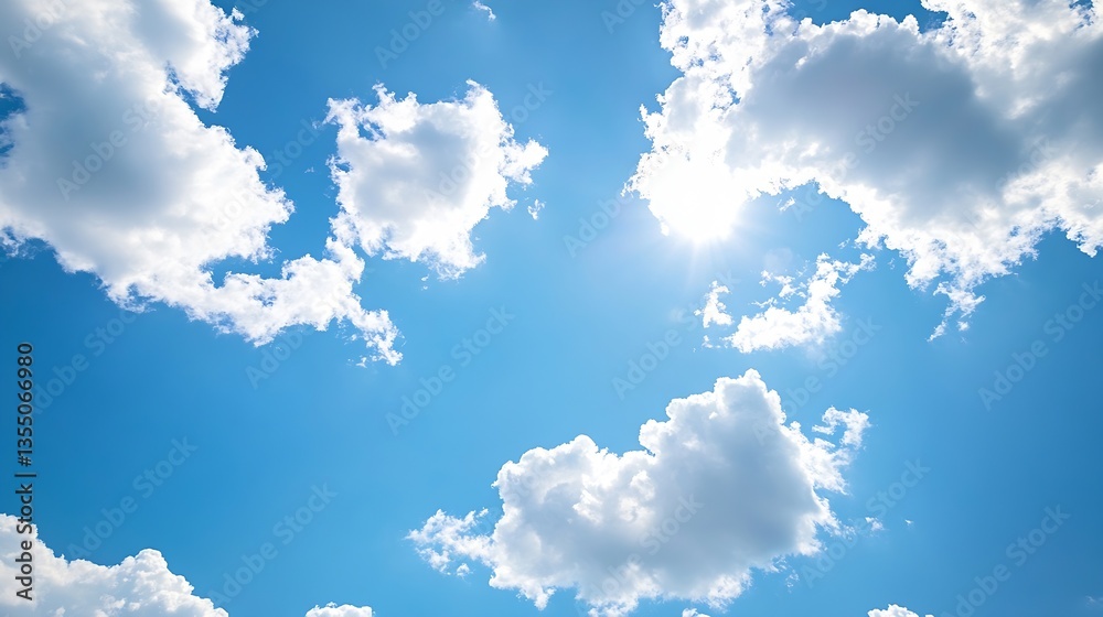 Poster bright blue sky with soft white clouds and sunlight creating a peaceful atmosphere : generative ai