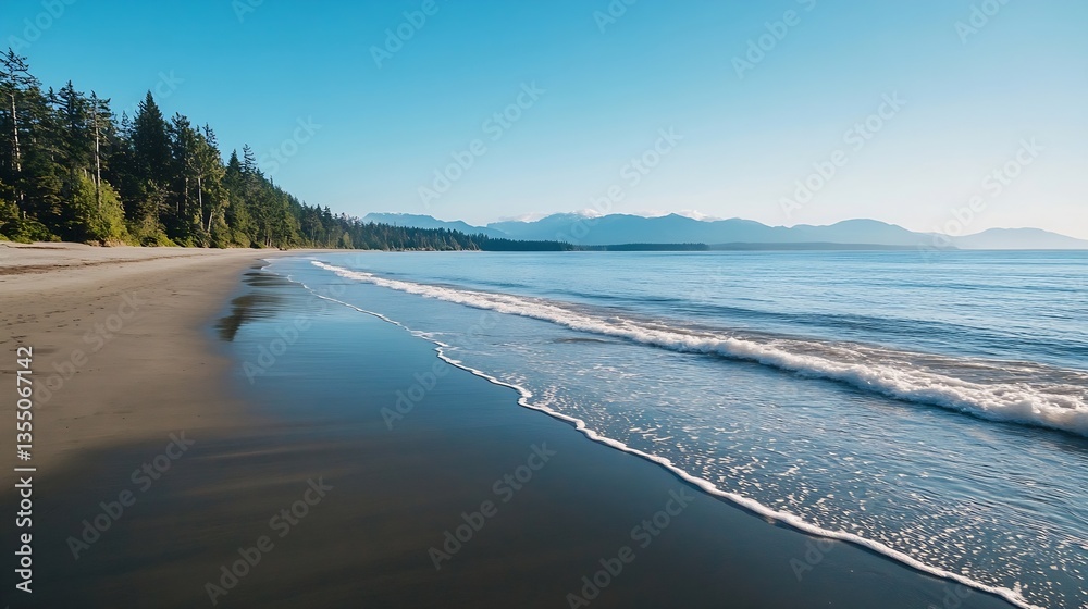 Poster spectacular shoreline view of a tranquil beach under a bright blue sky with gentle waves : generativ