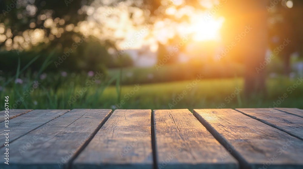 Poster sunset glow on wooden deck in vibrant park during golden hour with greenery reflection : generative 