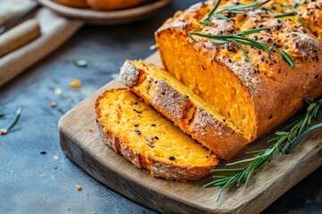 Freshly Baked Pumpkin Bread Sliced on a Wooden Board with Rosemary
