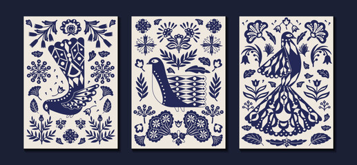 Folk birds. Blue ornament, animal and plant silhouettes in floral vintage abstract boho style. Folklore graphic natural traditional scandinavian print. Vector poster with botanical elements