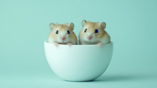 Two hamsters in a white bowl on teal background