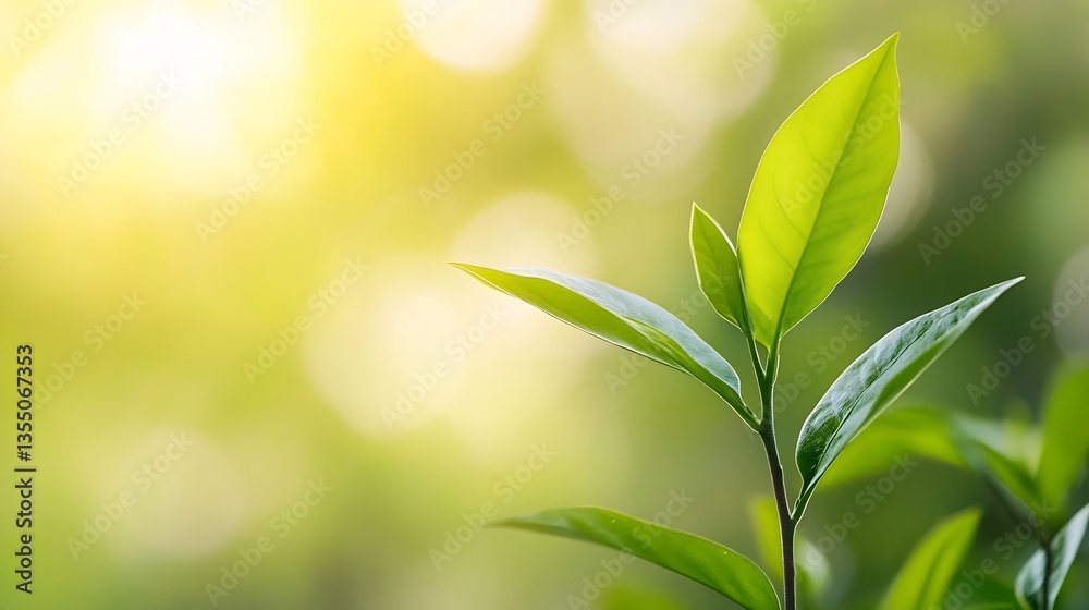 Aufkleber New Green Leaves Shining in Soft Warm Light Against a Blurred Background of Nature : Generative AI