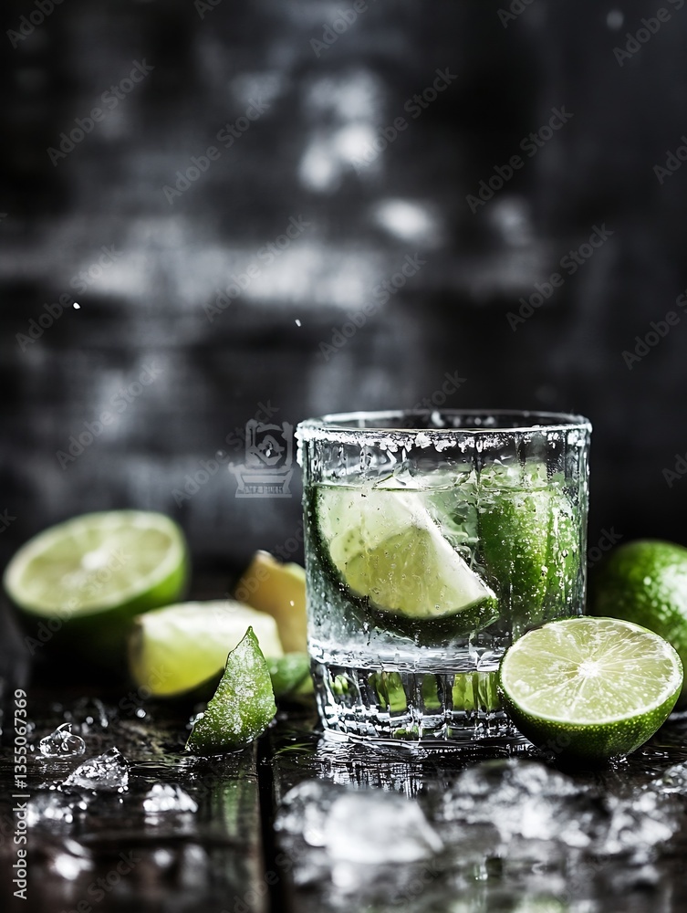 Poster refreshing glass of sparkling water filled with ice and lime slices positioned on a wooden table wit
