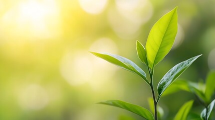 Obraz premium New Green Leaves Shining in Soft Warm Light Against a Blurred Background of Nature : Generative AI
