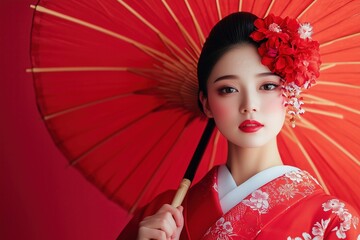 Portrait of a young woman in kimono with red umbrella, flower on her head in front of red