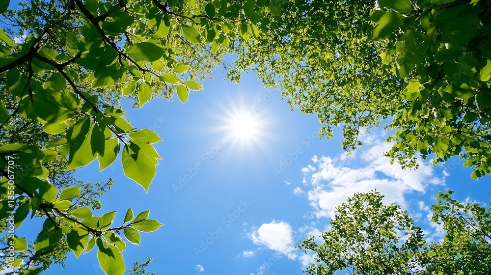 Aufkleber Bright Sunlight Shining Through Green Tree Leaves Creating a Vibrant Sky View : Generative AI