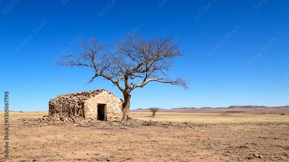 Aufkleber desolate landscape featuring an old stone house and a leafless tree under a bright clear sky : gener