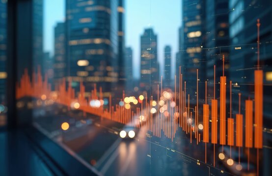 Stock market bar chart with modern city business center background representing finance investment. Economy growth, trading analysis, digital financial, corporate urban tech statistic.