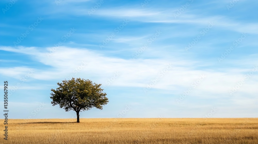 Poster solitary tree standing in a golden field beneath a blue sky symbolizing tranquility and isolation : 