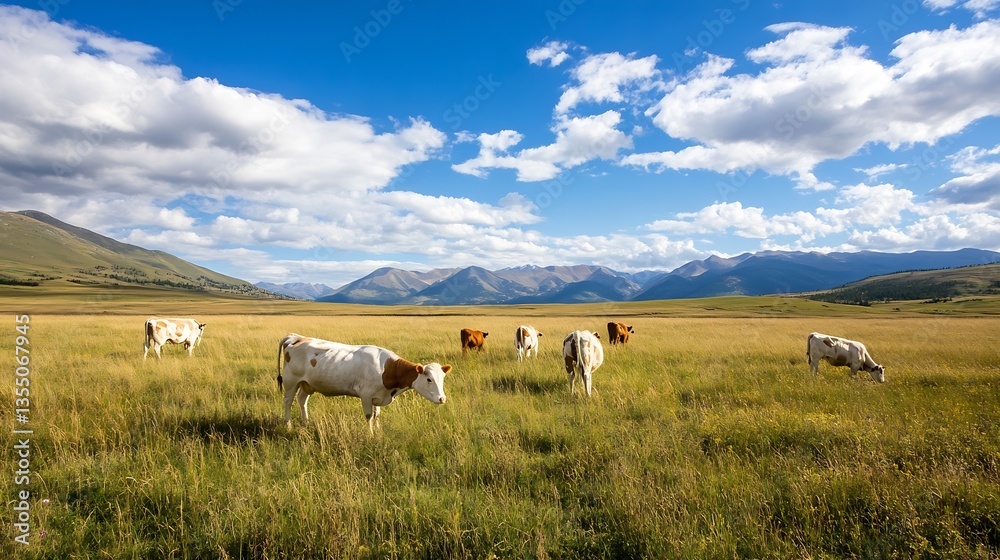 Aufkleber herd of cows grazing peacefully in a lush green pasture with a backdrop of mountains : generative ai