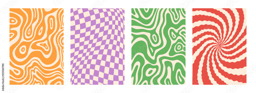 Poster wave background. retro line swirl pattern, vintage fun and pop art wavy psychedelic groovy art. funk