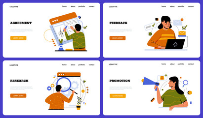 Fototapeta premium Business web page template. Creative employee agreement document, feedback customers, research and promotion, busy men and women. Minimalist design Vector cartoon flat isolated illustration