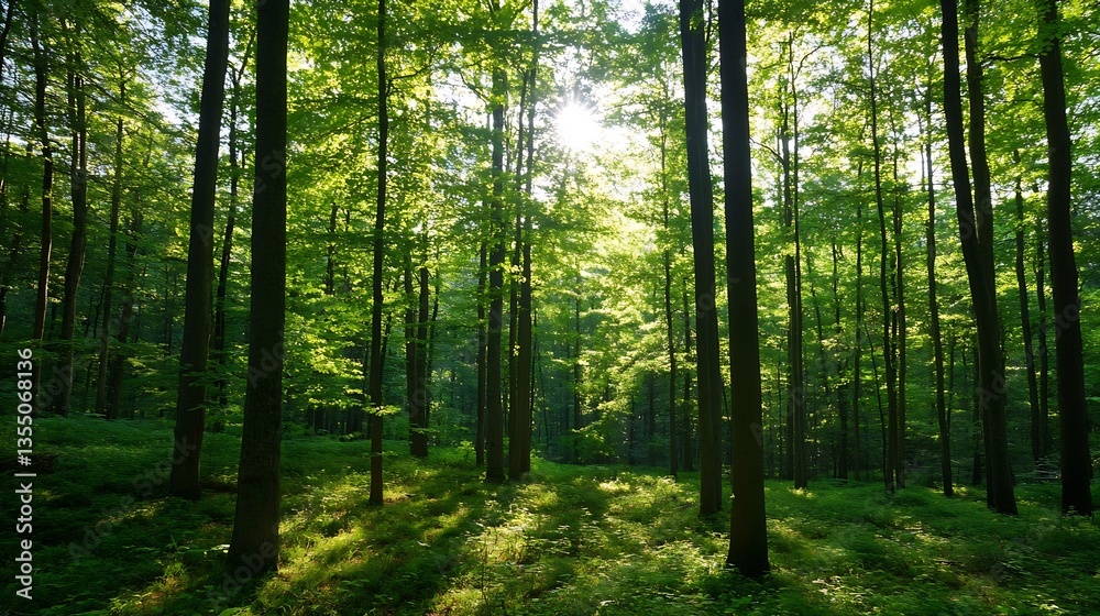 Poster a serene view of sunlight filtering through the canopy of a lush green forest creating a peaceful at
