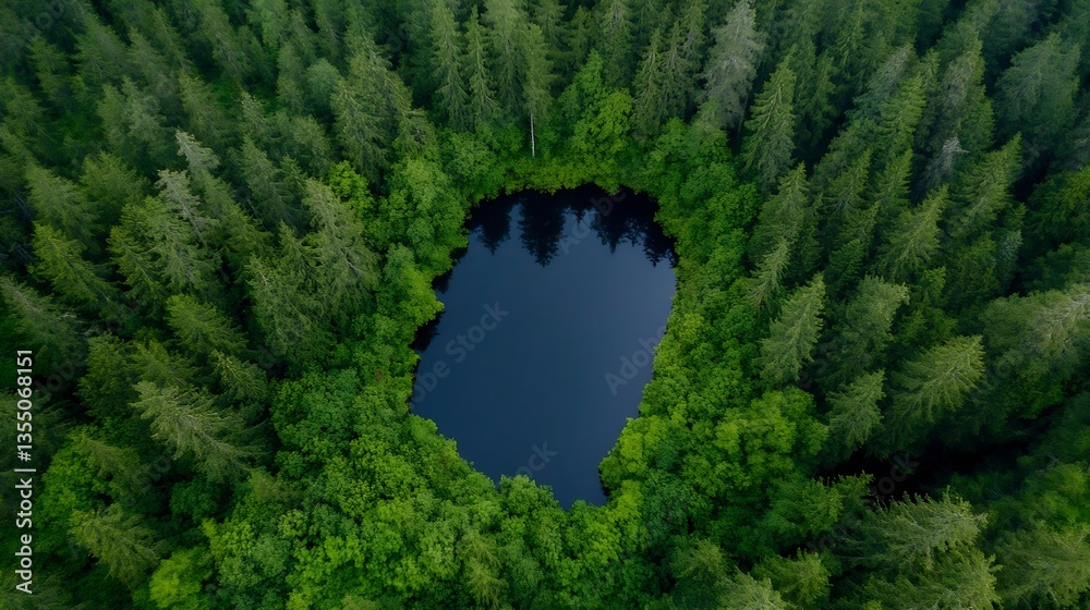 Poster an aerial view of a serene dark pond surrounded by lush green trees in a dense forest under natural 