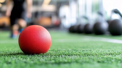 Naklejka premium Vibrant close up of a red rubber ball on the gym floor surrounded by fitness equipment for strength training : Generative AI