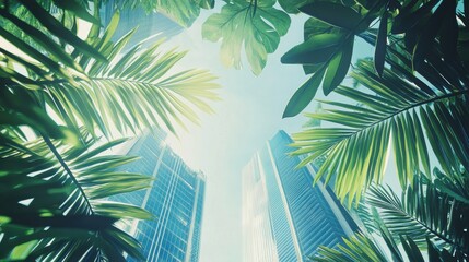 Fototapeta premium Urban Oasis: Skyscrapers Framed by Lush Tropical Foliage Under a Bright Sun