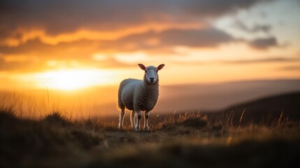 Fototapeta premium Lonely sheep standing on a hill at sunset embracing the beauty of nature and tranquility of the landscape : Generative AI