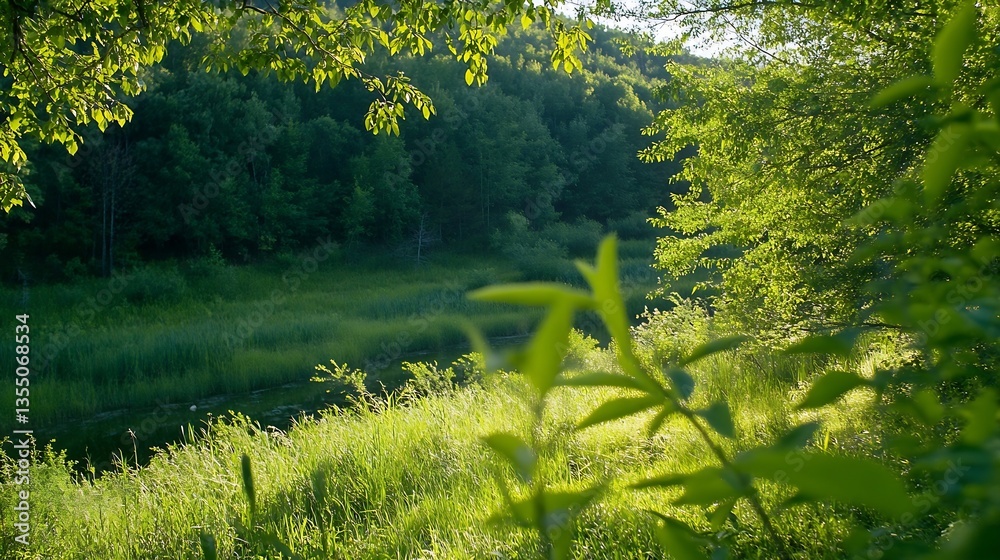 Aufkleber lush green landscape with vibrant foliage and a tranquil river flowing peacefully through a serene f
