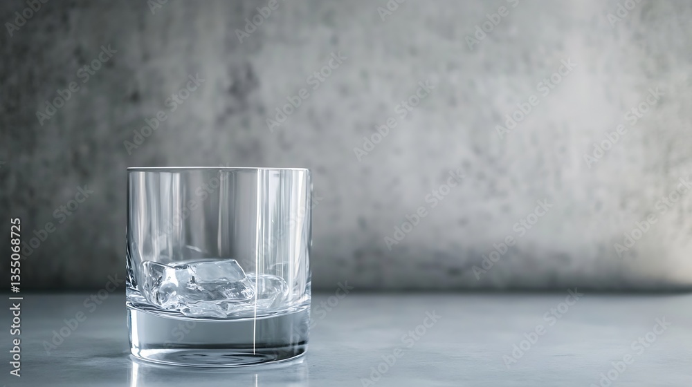 Poster single whiskey glass filled with ice sits on a sleek surface with gray tones : generative ai