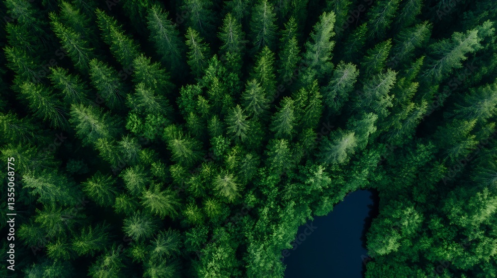 Poster aerial view of lush green pine trees surrounding a serene blue lake representing tranquility in natu