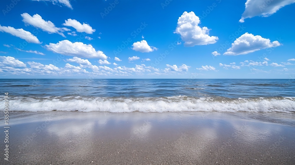 Poster idyllic beach scene with gentle waves lapping against sandy shore under blue sky : generative ai