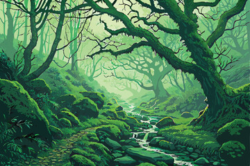 27 Lush ancient forest, moss-covered boulders, misty atmosphere, twisted tree branches, ethereal green light, mystical woodland, stream running through rocks, fantasy landscape, dense vegetation, magi