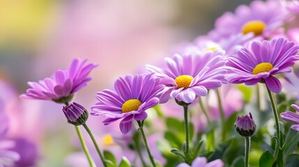 Vibrant purple daisies blooming beautifully in a garden during a sunny day creating a delightful ambiance : Generative AI