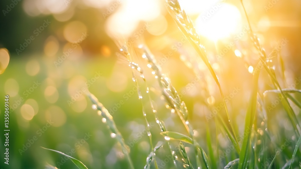 Aufkleber delicate sunlight glistening on dewdrops and fine strands of grass creating a dreamy background effe