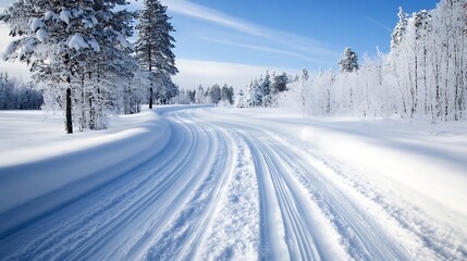 Fototapeta premium Serene Winter Landscape with Snow Covered Road Surrounded by Frosted Trees : Generative AI
