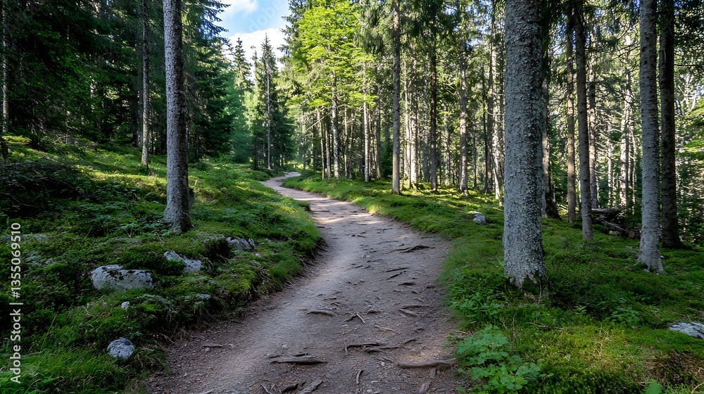Poster serene landscape featuring a winding path through a lush green forest under sunlight with majestic t