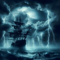 A haunting depiction of a ghostly ship eternally trapped in a violent thunderstorm at sea