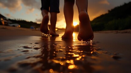 Barefoot children walk on wet sand at sunset