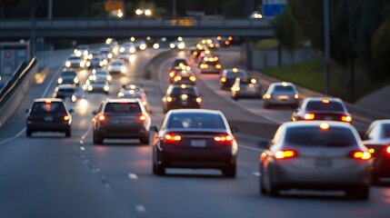 Evening traffic with cars on a busy highway as headlights illuminate the road in the twilight : Generative AI